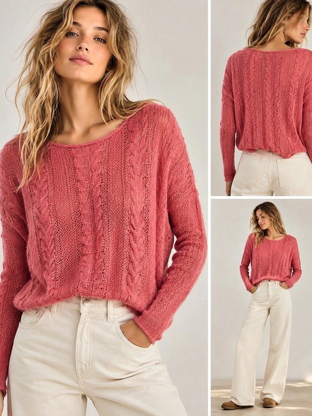 Free People Pink Cable Knit Oversized Slouchy Sweater S Boho Open Knit EUC